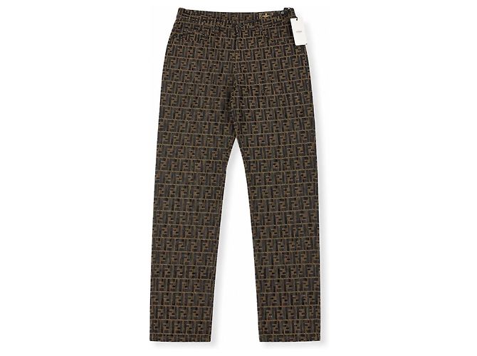 Jeans Fendi Zucca FF Monogram Perna Reta Marrom Monograma