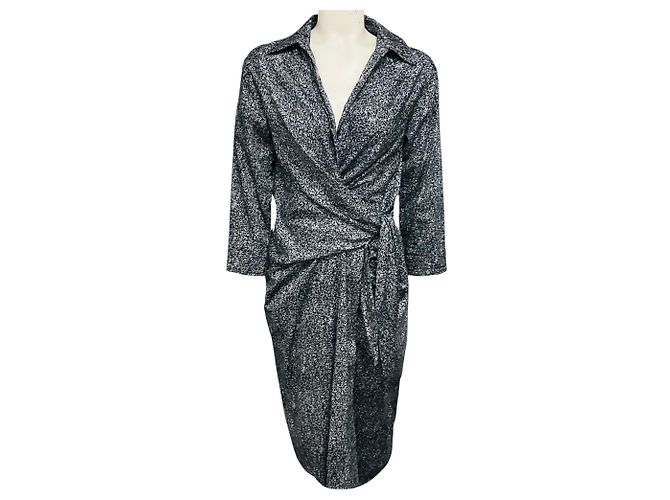 Autre Marque Samantha Sung Black / White Tweed Print Cotton Stretch Wrap Dress