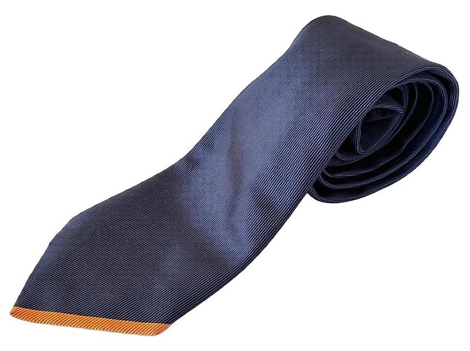 Hermès Navy Blue Ribbed Silk Tie