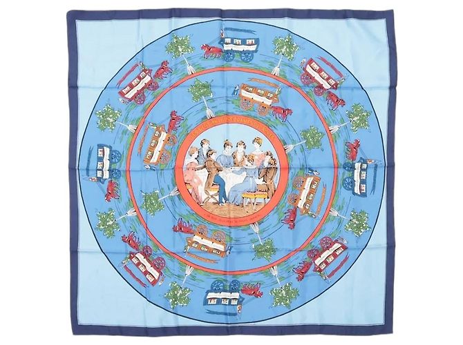 Hermès Sciarpa in seta blu con motivo cavallo e carrozza