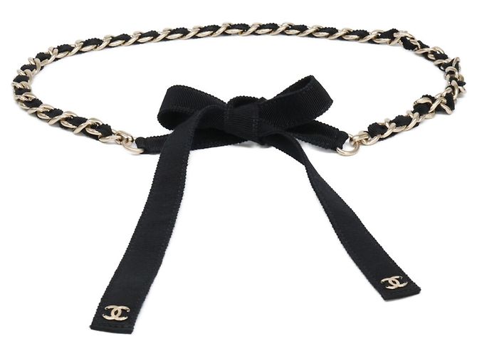 Cinturón de cinta de grosgrain con cadena Coco Mark Chanel G20C Negro Dorado