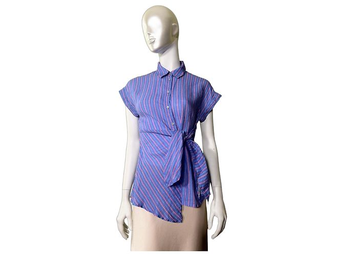120% Lino Camicia in misto lino a righe con nodo Rosa Blu