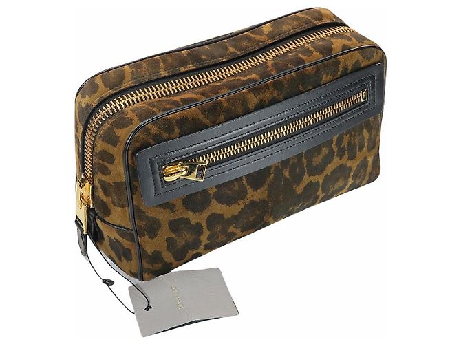 Tom Ford Pochette de voyage en daim imprimé léopard Marron