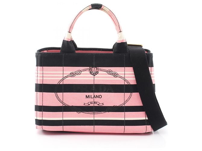 Borsa Tote/Borsa a mano 2-Way Prada CANAPA RIGHE Nero Rosa