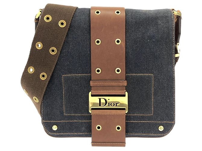 Bolsa de ombro Christian Dior em denim e couro Marrom Azul