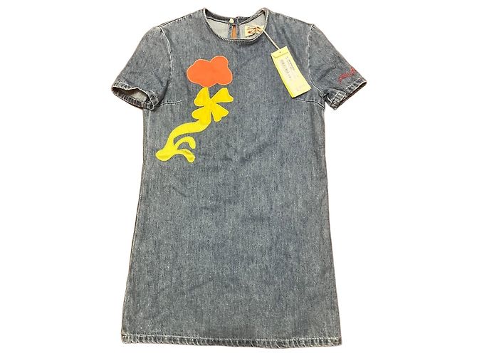 Marni Denim-Kleid mit Blumenapplikation Blau Orange Gelb