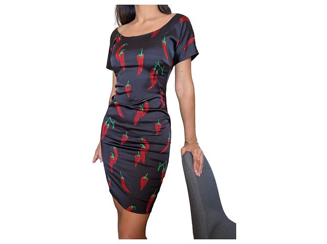 D&G Kleid mit rotem Chili-Print Schwarz