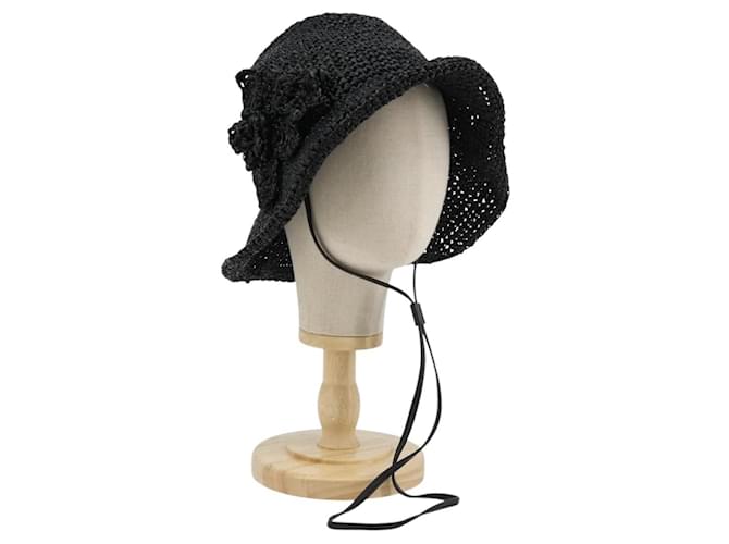 Miu Miu Hat Raffia M Black Auth 182226A 