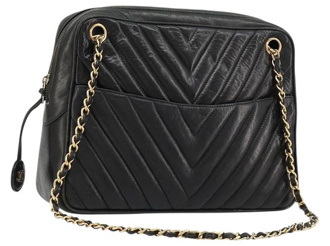 CHANEL V Stitch Chain Schultertasche aus Lammleder Schwarz Gold CC Auth BA13037 Golden