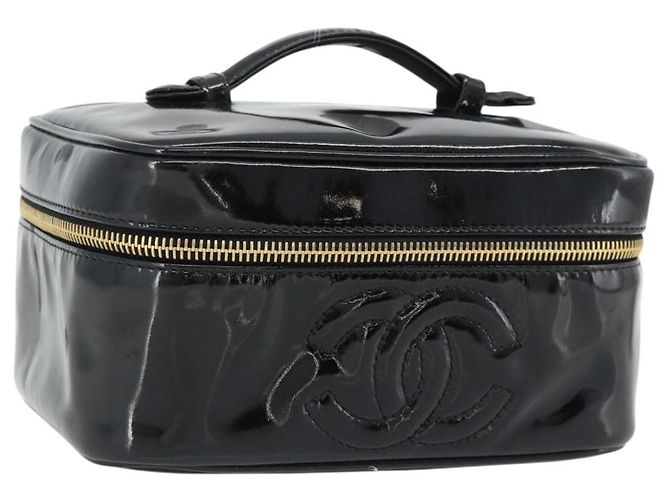 CHANEL COCO Mark Vanity Hand Bag Piel Patentada Negro Oro CC Auth 181704 Dorado