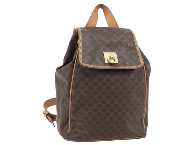 Céline Mochila CELINE Macadam Canvas PVC Couro Marrom Ouro Auth bs35270 Dourado
