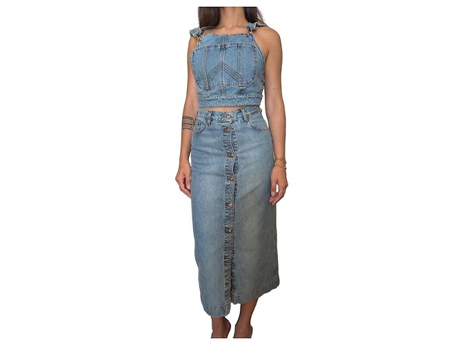 Jean Paul Gaultier Conjunto de Top Bustier e Saia Longa em Denim
