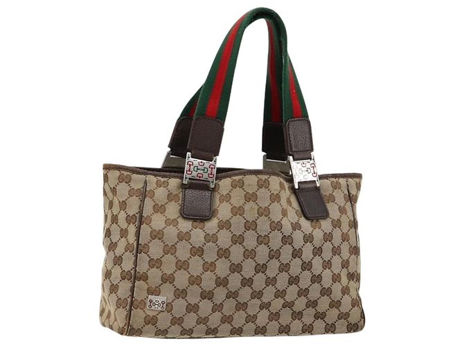 Bolsa GUCCI GG Canvas Web Sherry Line Bege Prata Auth 178849