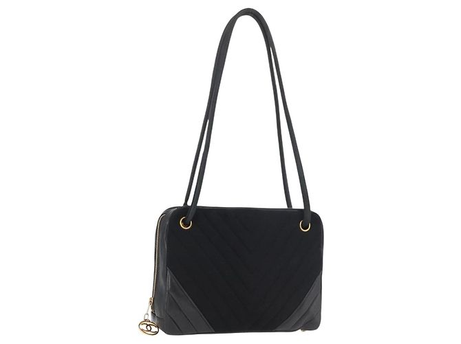 Borsa a Spalla CHANEL V Stitch Cotone Nero Oro CC Auth bs35307 D'oro
