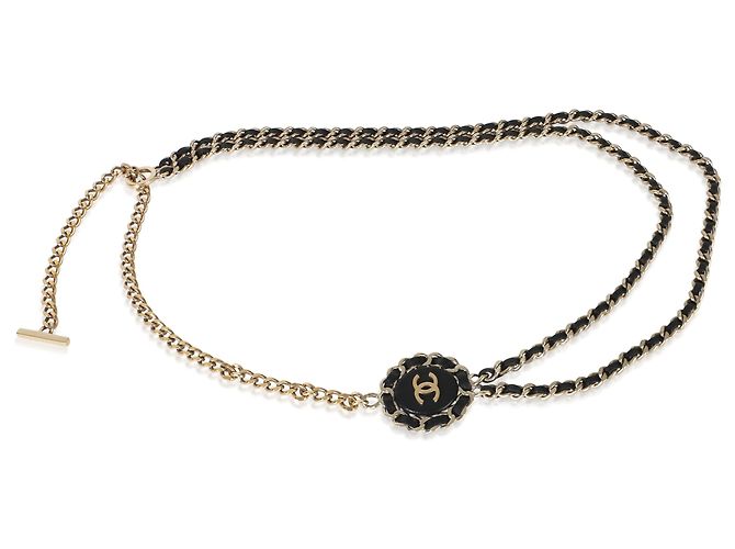 Colar Chanel CC de couro e elos de corrente banhado a ouro 2016