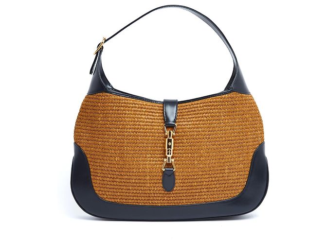 Gucci Jackie 1961 Medium Raffia Leder Handtasche Marineblau