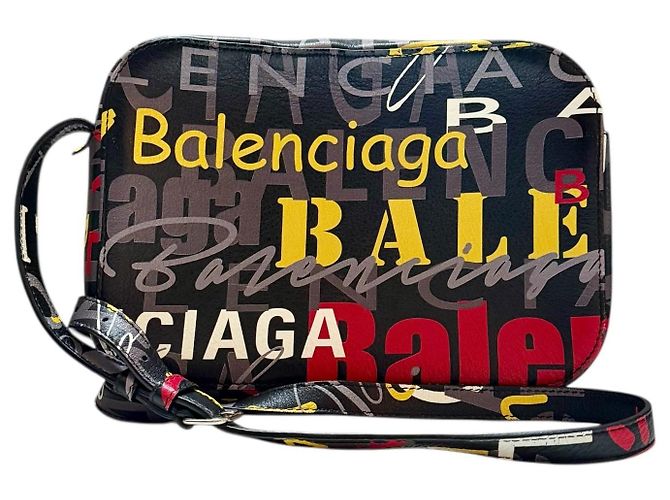 Bolsa Transversal de Couro Balenciaga Logo Preto Vermelho Multicor Amarelo