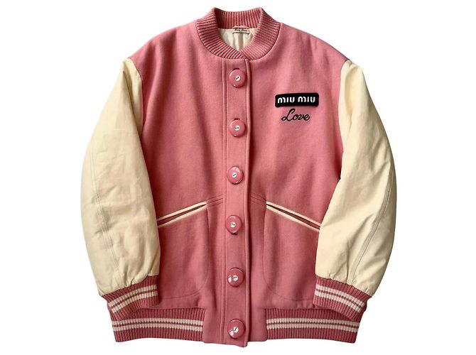 Miu Miu Jaqueta Varsity de Lã e Couro Rosa Branco