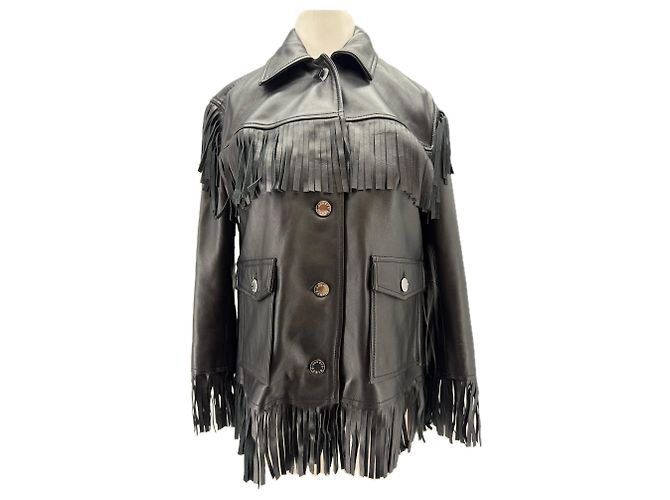 Sandro Schwarze Lederjacke mit Fransen