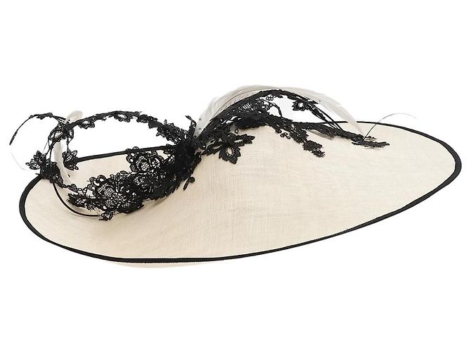 Autre Marque Fascinator de renda e penas creme e preto Cru