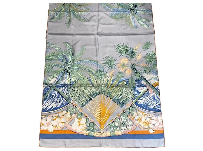 Lenço de seda Hermès Aloha Rosa Branco Azul Verde Laranja Cinza Amarelo