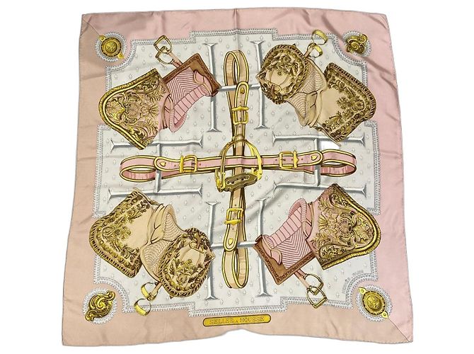 Hermès Lenço de seda Selles à Housse Rosa Bege Dourado Cinza