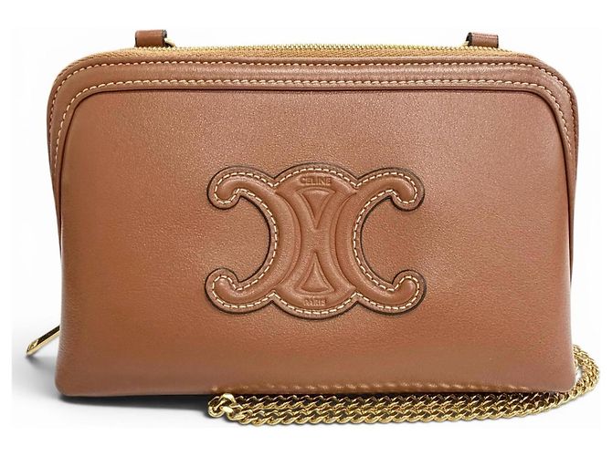 Céline Bolsa de ombro com alça de corrente Celine em couro de vitelo liso Cuile Triomphe Marrom