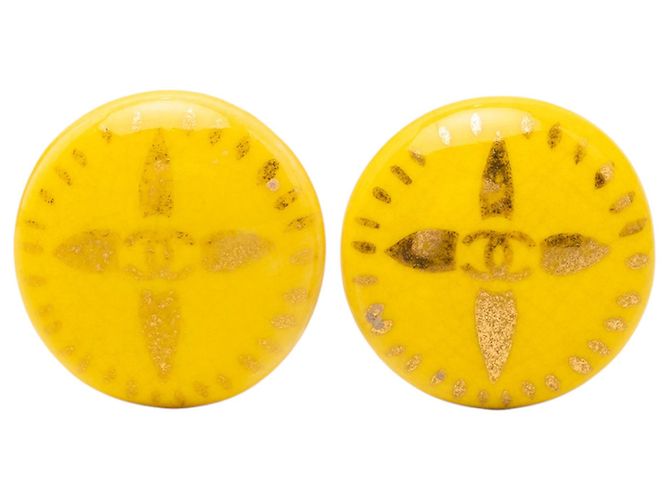 Chanel Yellow CC Resin Round Clip On Earrings