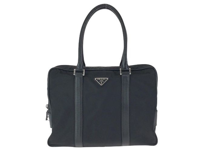 Prada Nylon Leather Tessuto Saffiano Logo Tote Schwarz