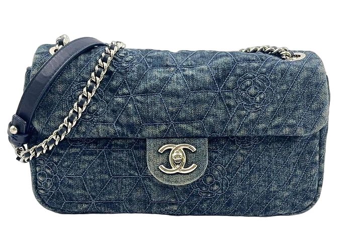 2.55 Bolsa de Alça Chanel Denim Camellia Chain Azul