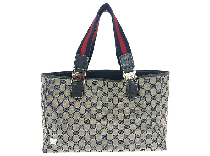 Bolsa Tote de Lona GG e Couro Gucci Azul