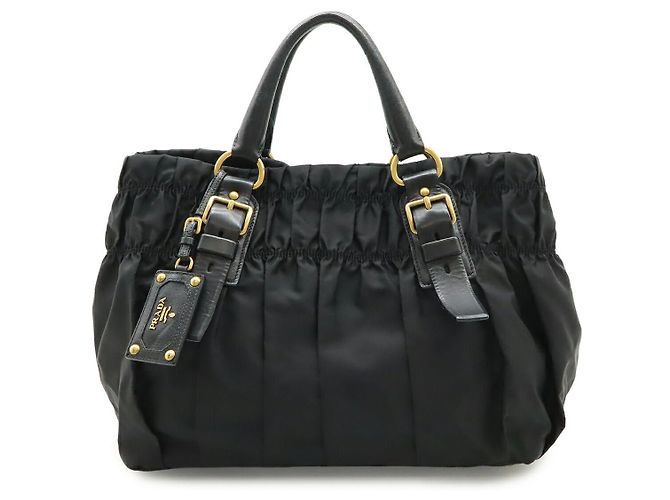 Sac Tote de Nylon Plissado e Couro Prada Preto