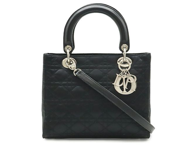 Dior Lady Dior Cannage Satin Leather Handbag Black