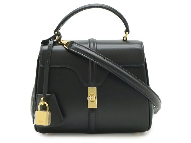 Céline Bolsa Celine Mini 16 de pele de vitelo Preta Dourada Preto