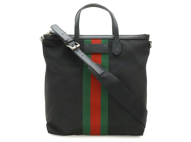 Gucci Nylon-Canvas-Leder Web Stripe Tote Bag Schwarz