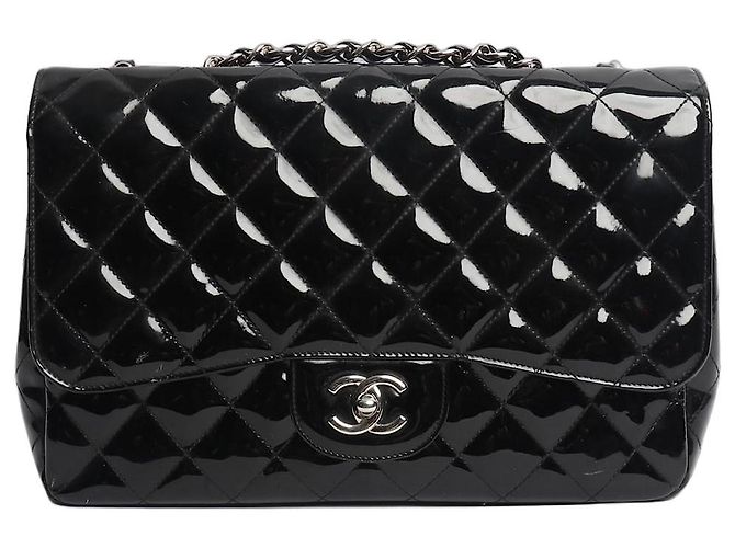 Chanel Bolsa Classic Single Flap jumbo acolchoada em verniz preto 2009