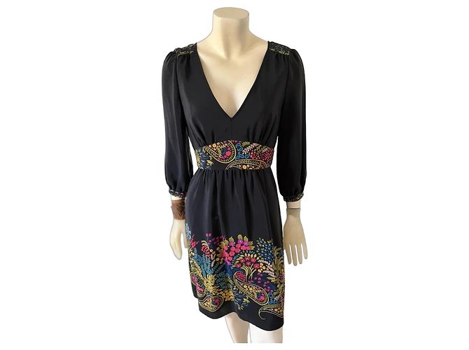 Tibi Abito in seta nera con stampa floreale e scollo a V Nero Multicolore