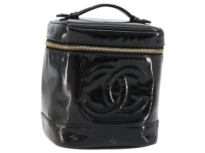 CHANEL Vanity Handtasche Lackleder Schwarz Gold CC Auth BA13209 Golden