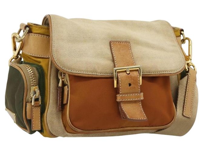 Borsa a Spalla PRADA Nylon Canvas Beige Oro Auth 171276 D'oro