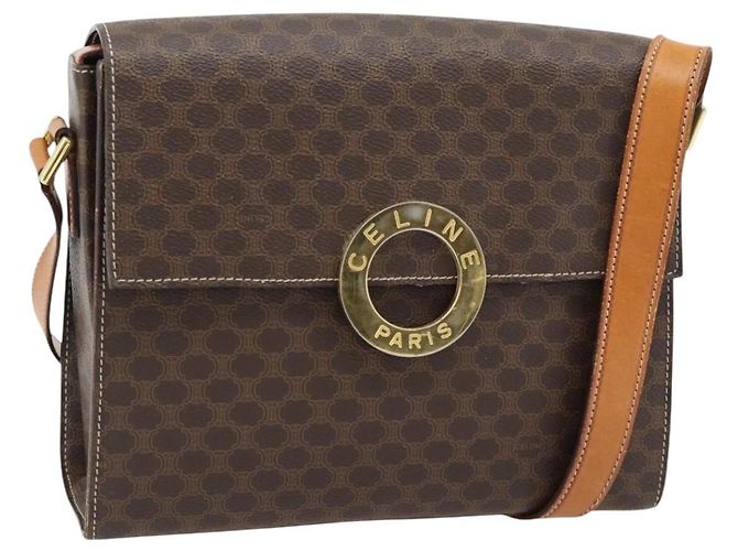 Céline Bolsa de ombro circular CELINE Macadam Canvas PVC Couro Marrom Ouro Auth 182191A Dourado