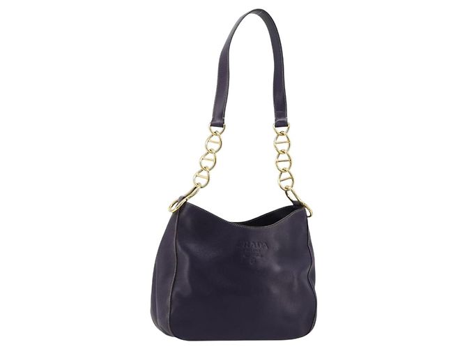 Bolsa de Ombro com Corrente PRADA em Couro Roxo e Ouro Auth 171280V Dourado