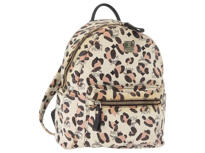 MCM Vicetos Logogram Backpack PVC Leather Ivory Gold Auth 176436 Golden Cream