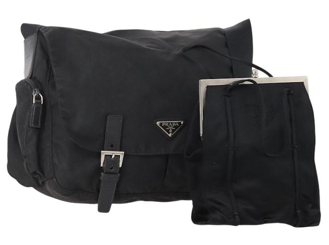 PRADA Shoulder Bag Nylon Suede 2 Set Black Silver Auth 181335 Silvery