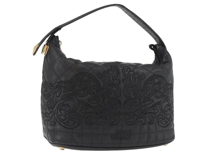 Bolsa de mão Gianni Versace em couro preto e dourado Auth BA13163