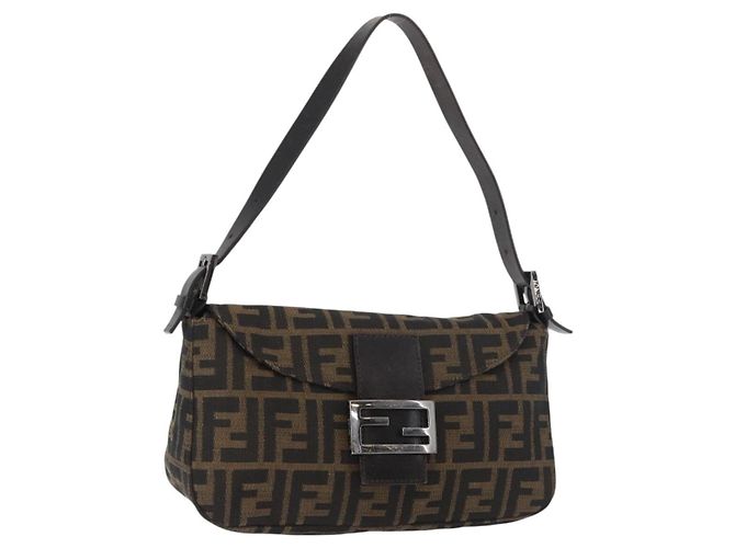 FENDI Zucca Canvas Mamma Baguette Shoulder Bag Black Brown Auth 182801V
