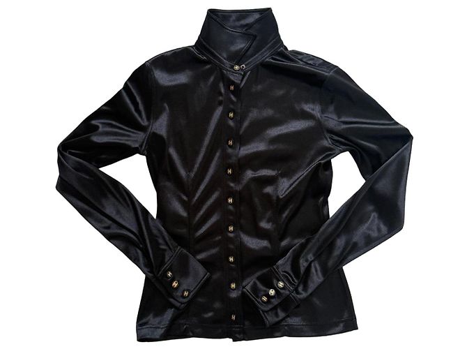 Camicia Chanel in raso nero con bottoni logo CC