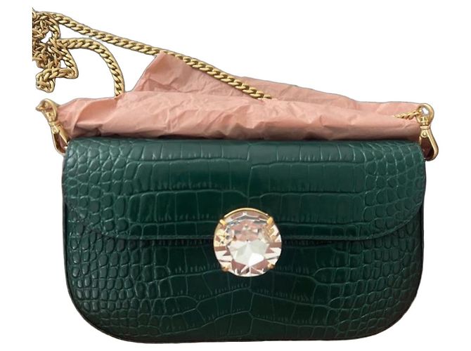 Miu Miu Bolso Bandolera de Piel Verde Efecto Cocodrilo con Joya