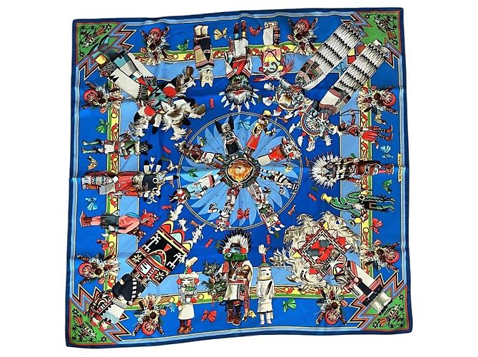 Hermès Kermit Oliver Kachinas Seidentuch Blau Mehrfarben