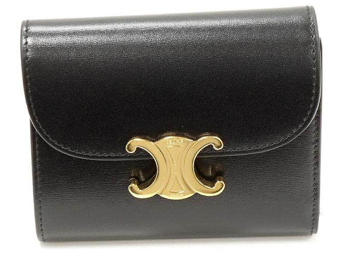 Céline Celine Triomphe Small Flap Wallet Shiny Calfskin Wallet Black 