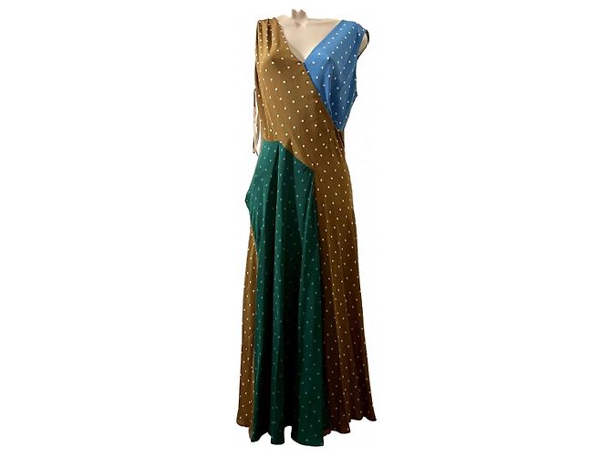 Diane Von Furstenberg Vestido Maxi de Seda com Bolinhas Marrom Azul Verde